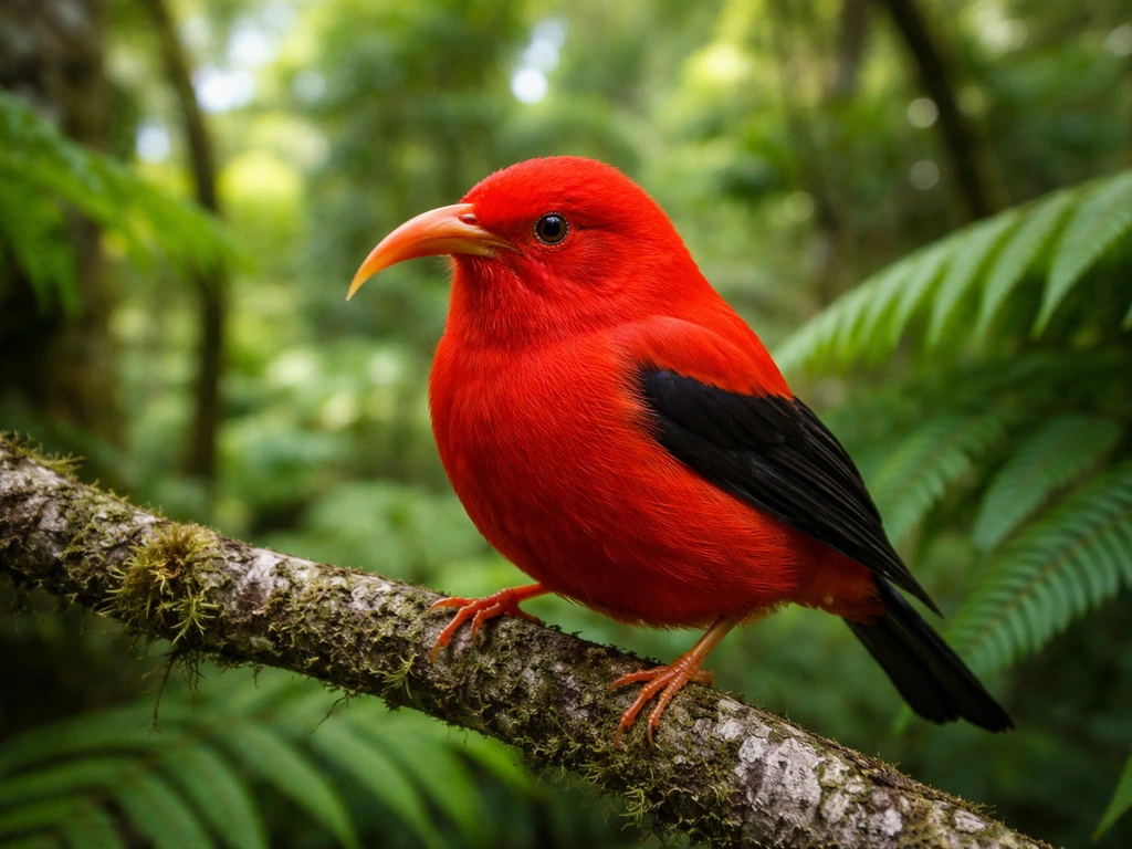 Scarlet honeycreeper perched in vibrant native Hawaiian forest foliage with vivid red plumage and black wings.