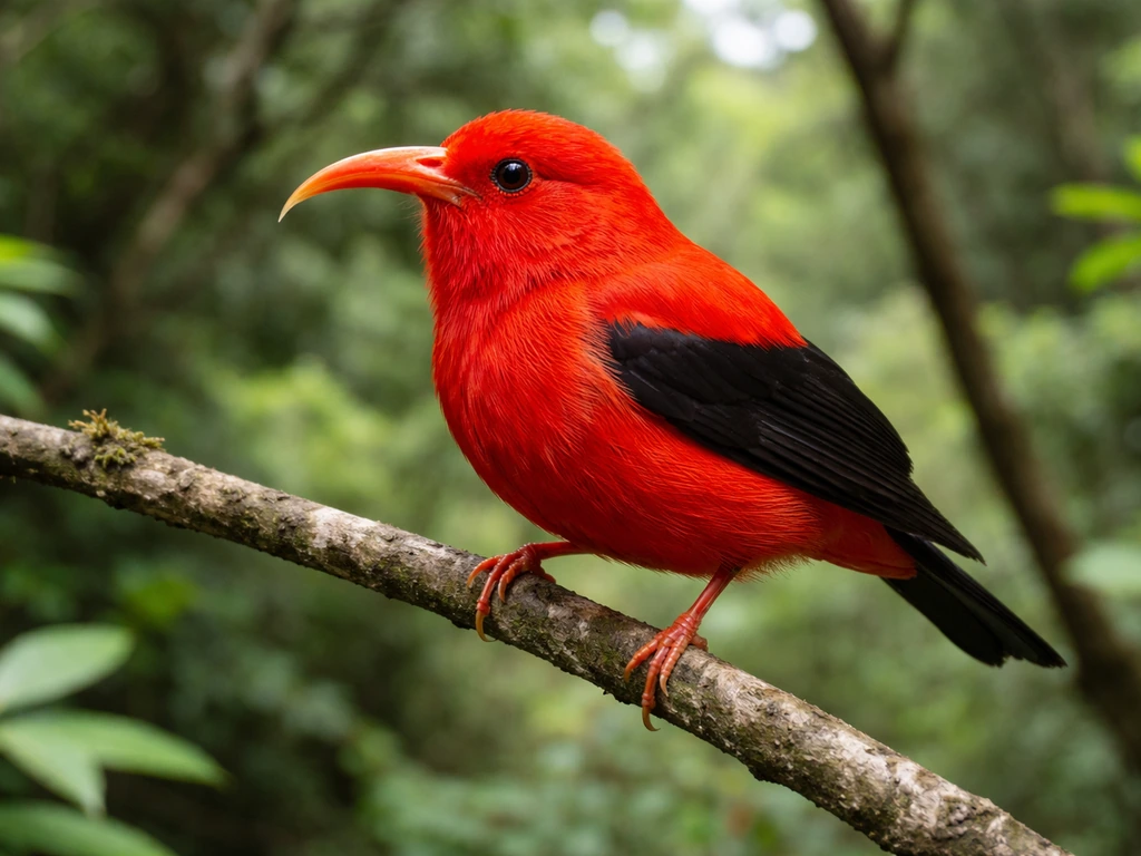 A scarlet honeycreeper perched on a small branch, showing scarlet red body, black wings, and curved bill.