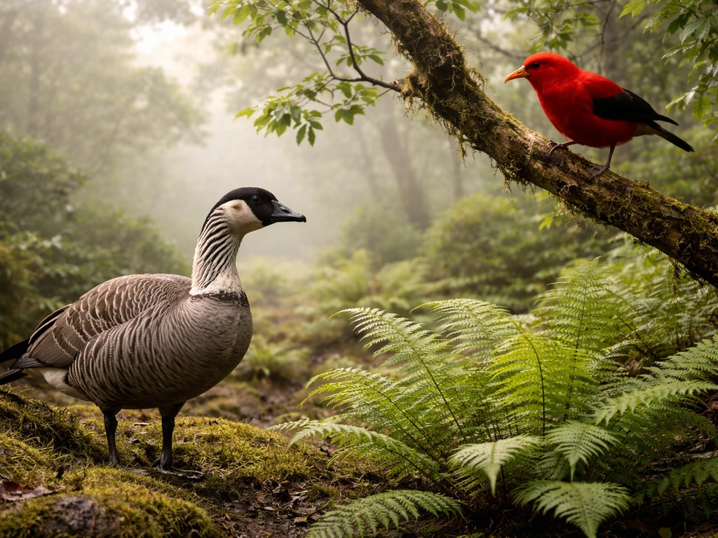 Two native Hawaiian birds—a nene and an ʻiʻiwi—perched on branches in a lush forest clearing.