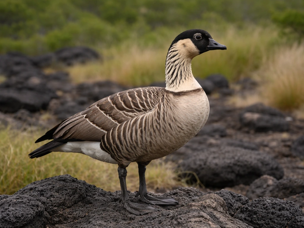 Nēnē (Hawaiian goose) standing on volcanic rock with tan-brown plumage and pale chest.