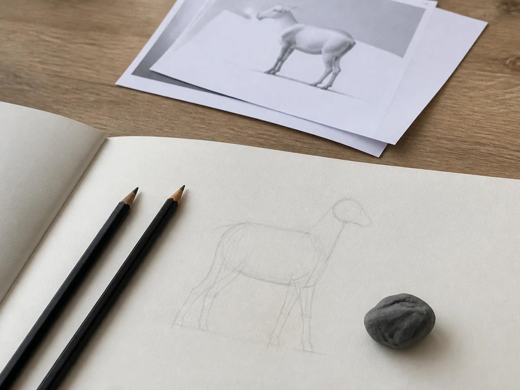 Drawing tools on a desk: HB/2B pencils, kneaded eraser, reference printouts, and a sketch page with faint lines.