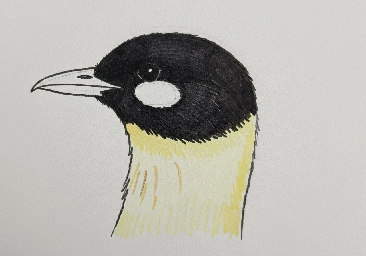 Close-up of a simple sketch with a deep-black head, lighter cheek patches, and pale neck streaks.