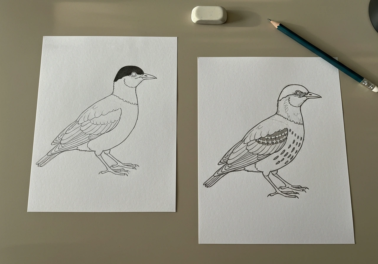 Desk setup showing a flawed sketch next to a corrected sketch, symbolizing fixing common mistakes fast