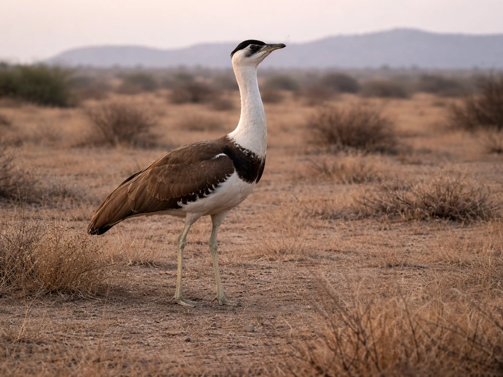 Great Indian Bustard standing in an arid grassland at dawn, showing its heavy body and contrasting plumage.