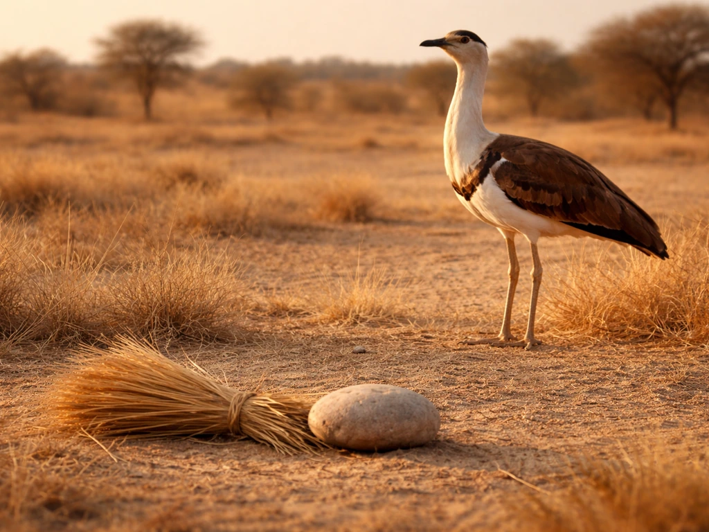 A great indian bustard-like bird standing in arid Rajasthan grassland at golden hour.