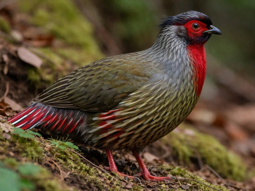 Close-up side view of a blood pheasant showing olive-green male plumage in natural habitat light.
