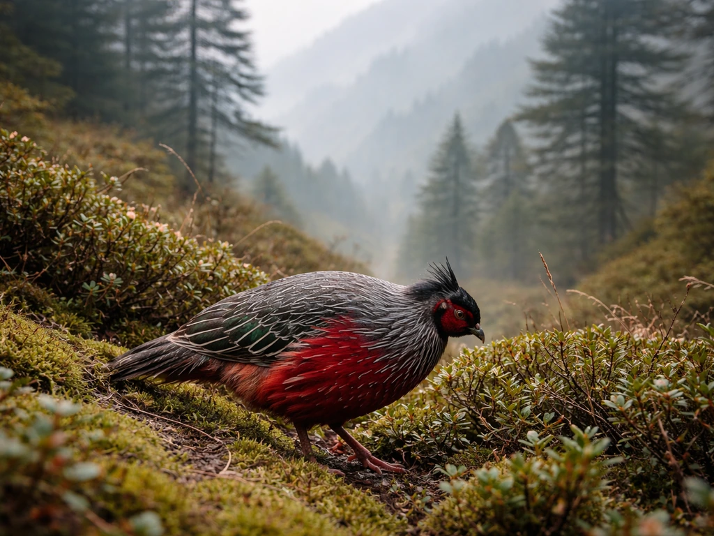 Blood Pheasant in a misty alpine forest in Sikkim, foraging among moss and shrubs.