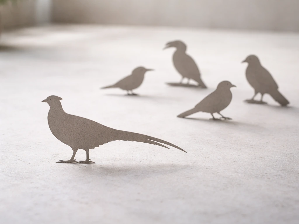 Tabletop arrangement of bird silhouette cutouts highlighting a distinct pheasant-like bird shape.