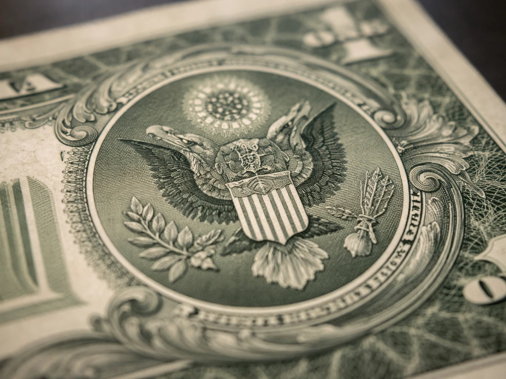 Close-up of the Great Seal bird detail on the back of a U.S. $1 bill, eagle prominent, crisp and high contrast.