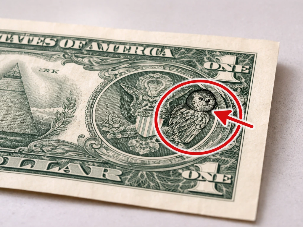 Close-up of a $1 bill back on a tabletop with markings pointing to the bird in the right circular seal.