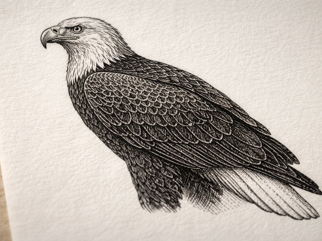 Close-up of black-and-white engraving details showing a hooked beak and light head against dark wings and body
