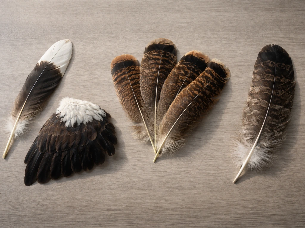 Minimal side-by-side photo of eagle and turkey-like bird feathers on a desk for easy comparison.