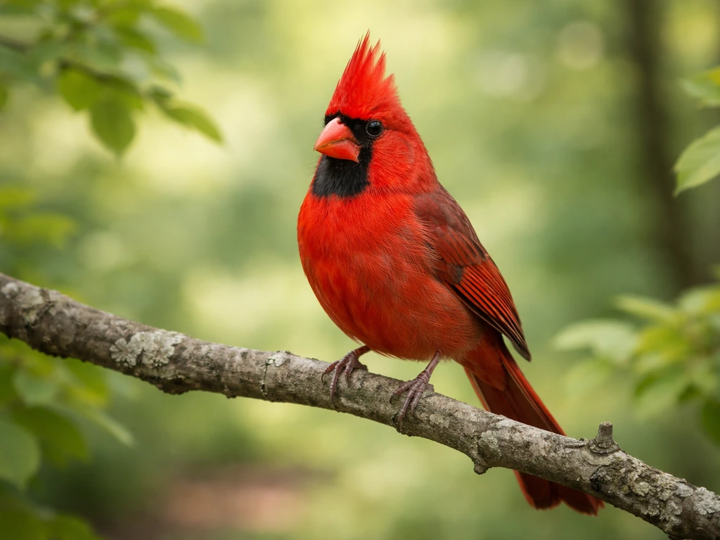 Northern cardinal perched on a branch in leafy Ohio habitat, red crest and black facial mask visible.