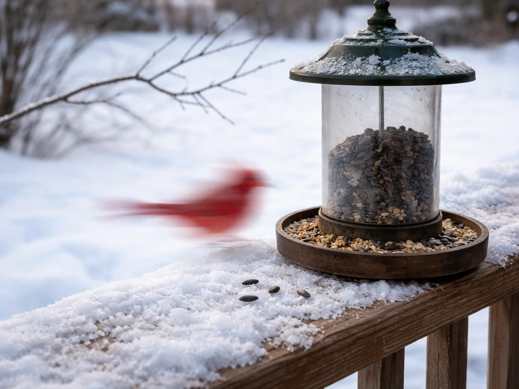 Snowy deck with a wooden bird feeder and seeds, with a vague red bird blur near the feeder.