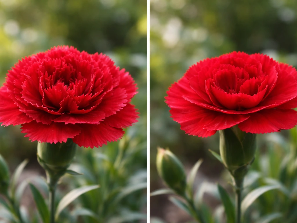 Close-up of two red carnation blooms showing fringed vs smoother petal edges.