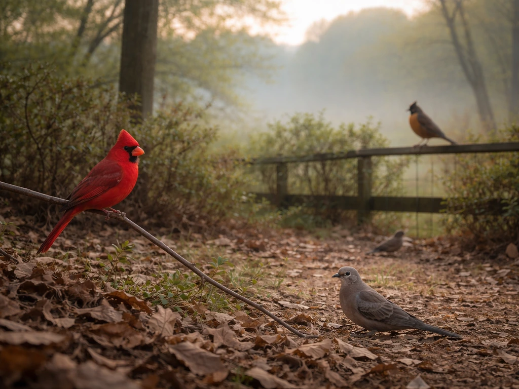 Backyard edge habitat in Missouri with several common songbirds perched at different depths, scenic landscape behind