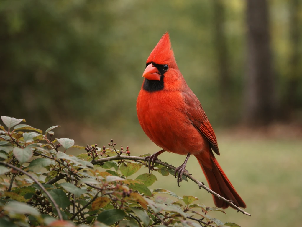 Northern Cardinal perched on a backyard shrub near a woodland edge, showing crest, orange bill, and black mask.