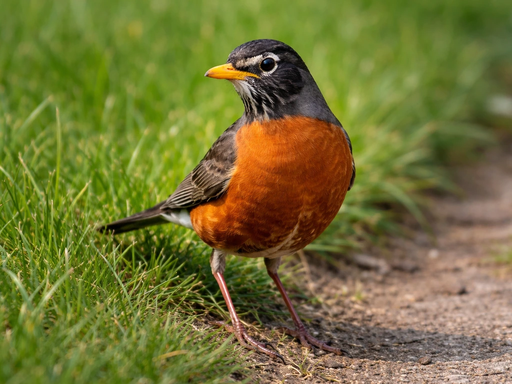 American robin paused mid-step on a grassy lawn edge, orange breast and yellow bill clearly visible.