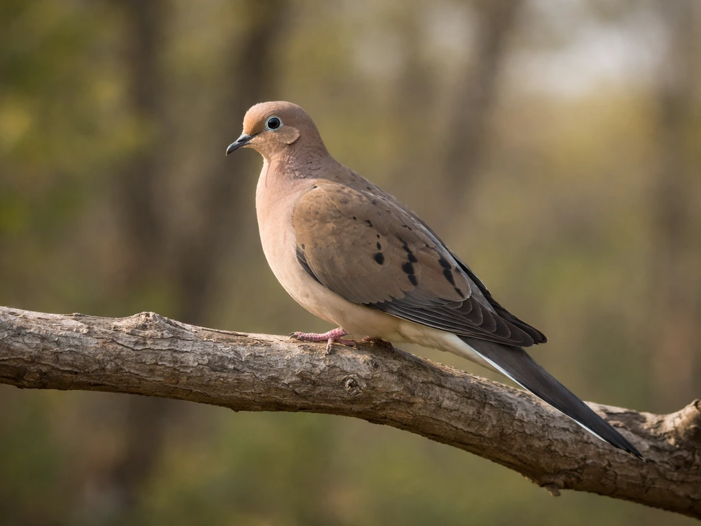 Pinkish-tan mourning dove perched on a branch, side view showing wing spots and pale outer tail edges.