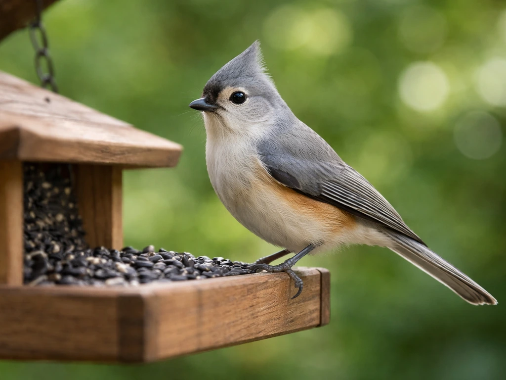 Tufted titmouse perched at a backyard feeder, gray back and rusty flanks visible.
