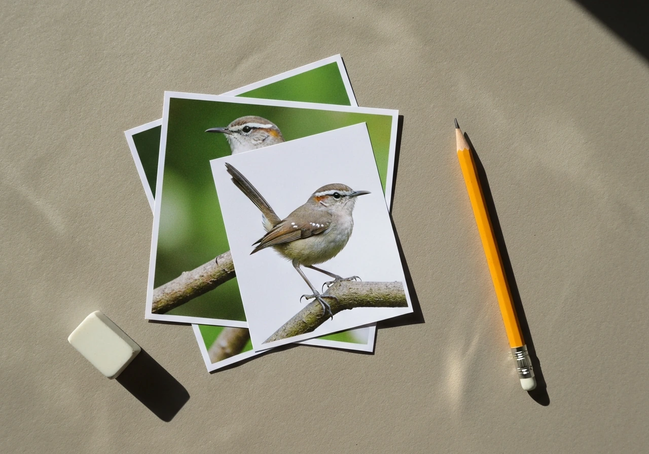 Flat-lay of Cactus Wren reference photos beside a pencil and eraser on a neutral tabletop.
