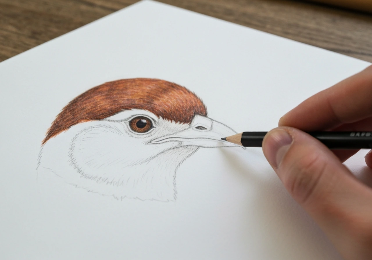 Close-up of a pencil sketch of a bird head with a rusty-brown cap and white eyestripe on paper.