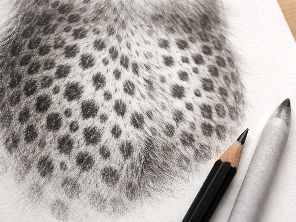 Close-up of a drawing stage with dense oval and teardrop-shaped dark spots on the breast and belly area.