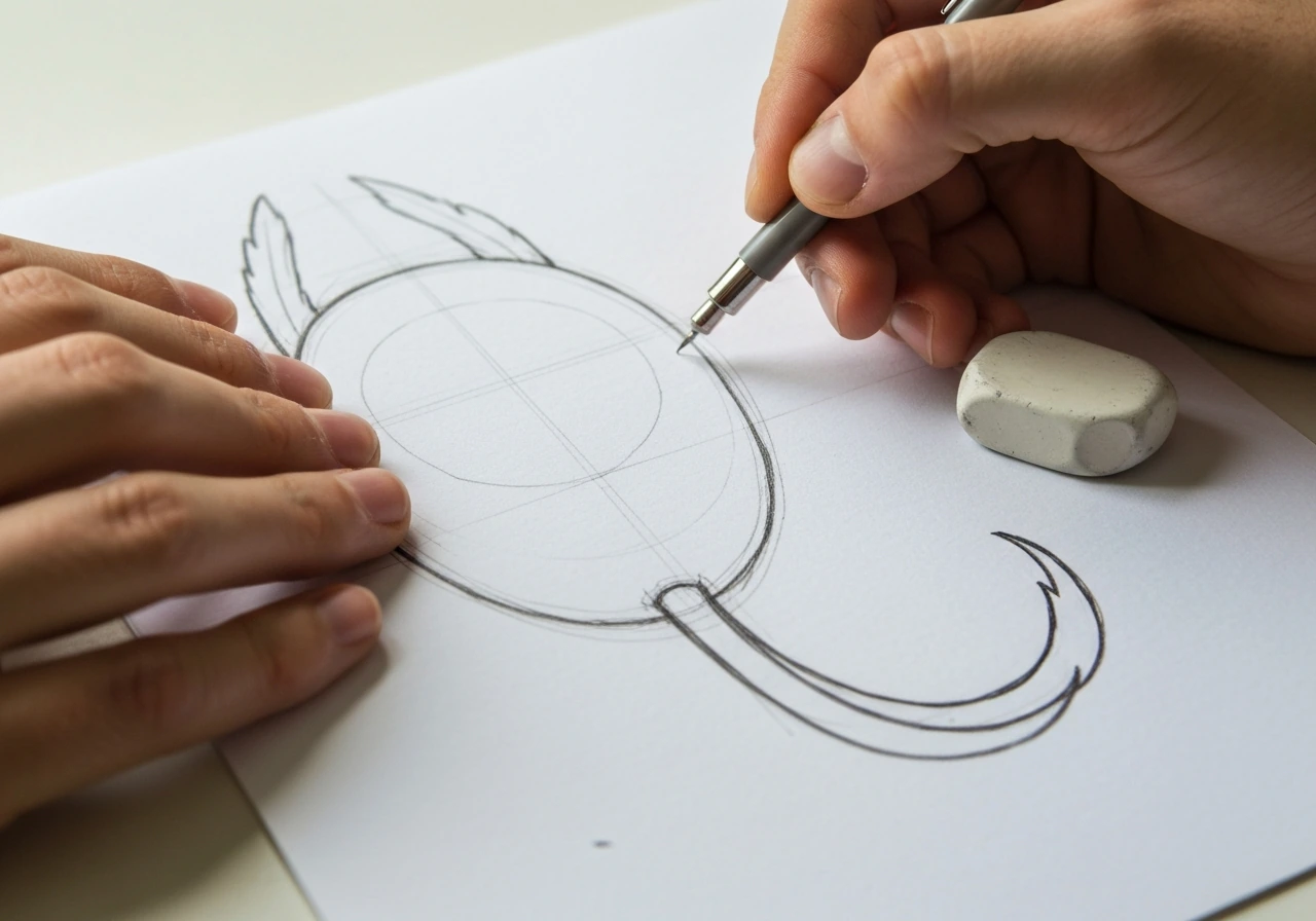 Close-up of hands inking a pencil sketch, focusing on back, wings, and a tapered tail shape.