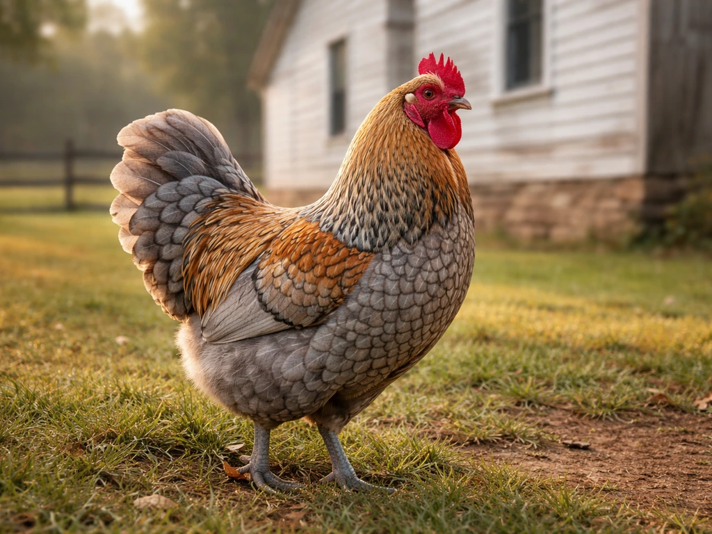 Delaware blue hen with blue-laced feathers standing outdoors, posed proudly in soft natural morning light.
