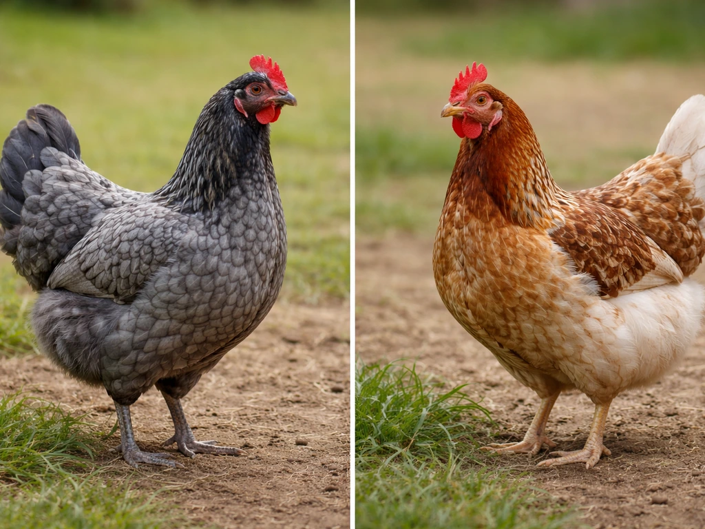 Two domestic hens side by side: a blue/blue-laced hen next to a brown-and-white hen