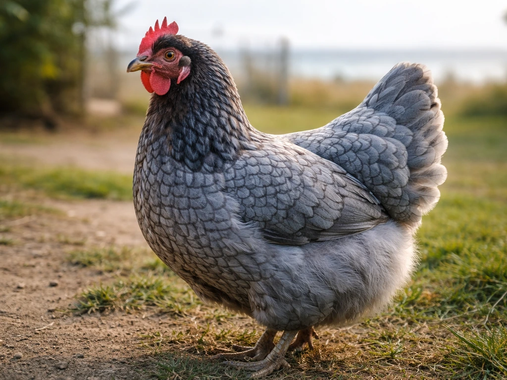 Close-up of a blue-laced domestic hen with rich blue feathering, outdoors in natural light.